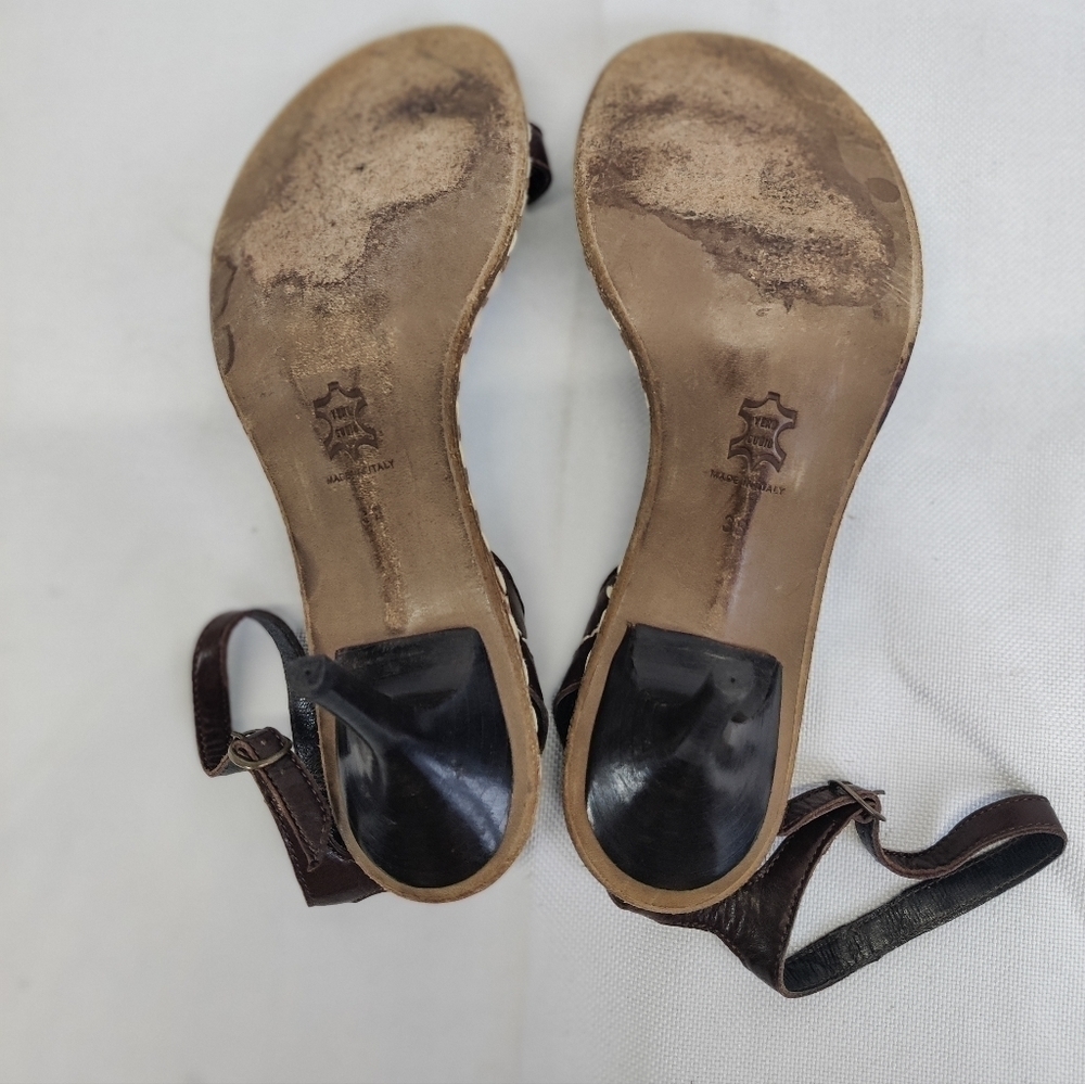 JOLIE Italy Ankle Strap Heels Brown Leather Round Toe Stiletto Thin Straps Sz 38 - Picture 4 of 10